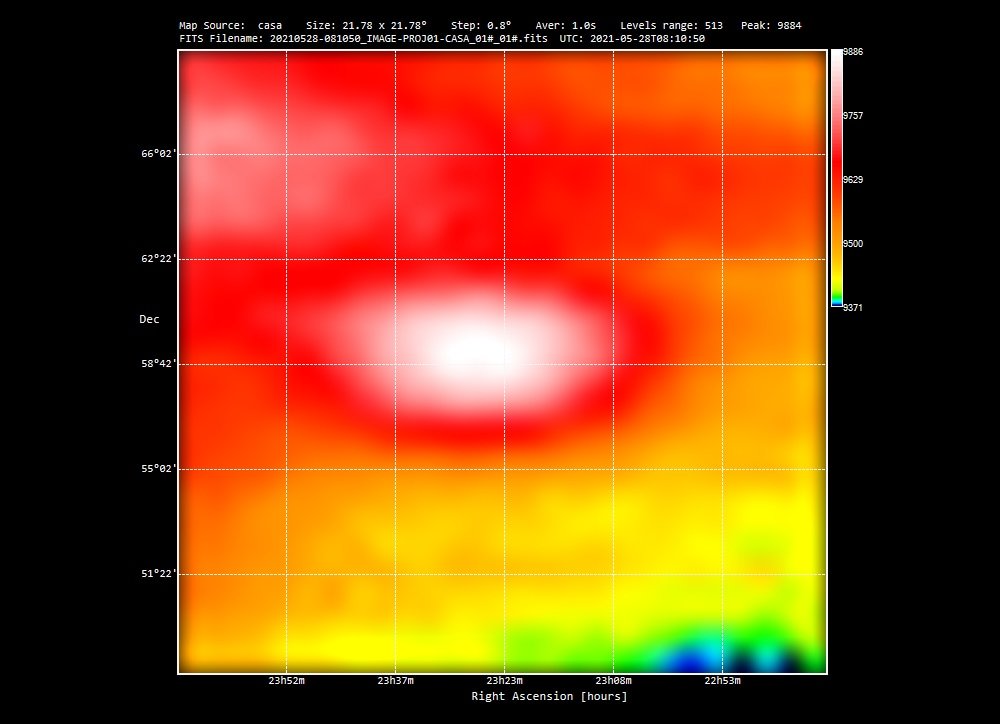 The results of radio telescopes: radio map of Cassiopea A recorded with SPIDER 300A radio telescope. Each pixel corresponds to a numerical value proportional to the intensity of the radio emission coming from a precise sky area.